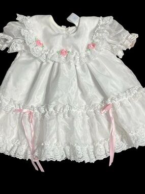 Vintage White Baby Dress with Pink Rose Accents